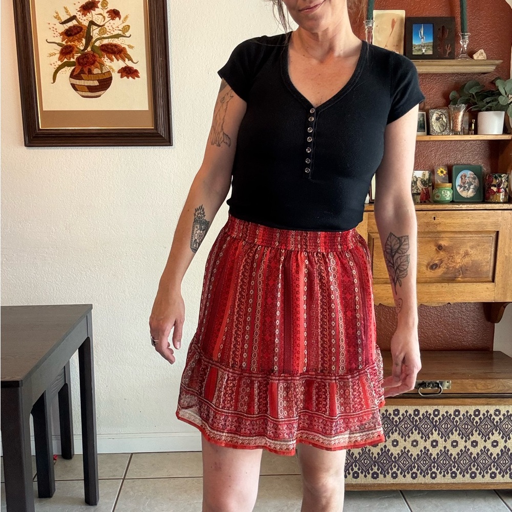 LOFT Red Mini Skater Skirt with Tiered Design